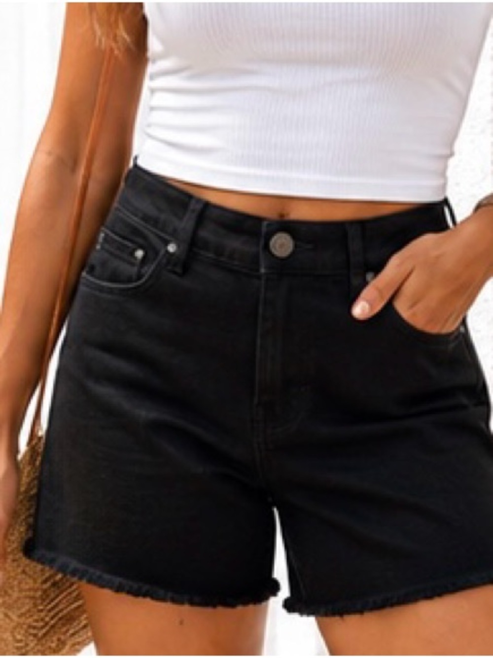 Relaxed Bermuda Shorts Size 14 | Black Denim Frayed Hem Mid-Rise Casual Shorts